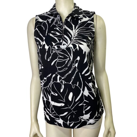 Rafaella $49  Sleeveless‎ Black & White Leaf Print Collared Polo Shirt Sm NWT - Picture 5 of 12